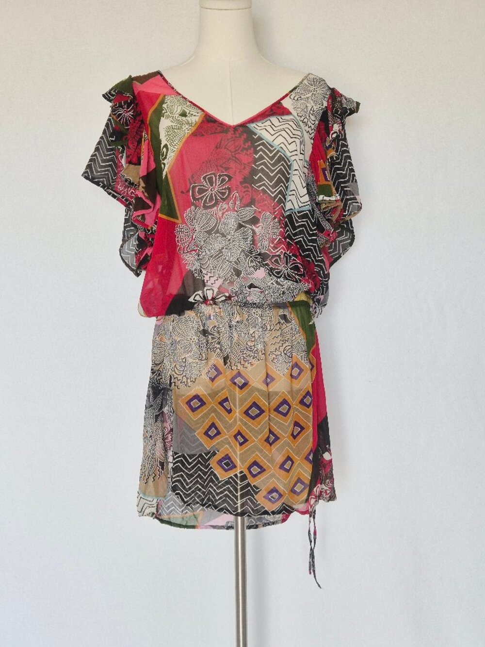 Pinkerton Anthropologie Silk Sheer Geo-Printed Ruffled Dropwaist Mini Dress Sz.M